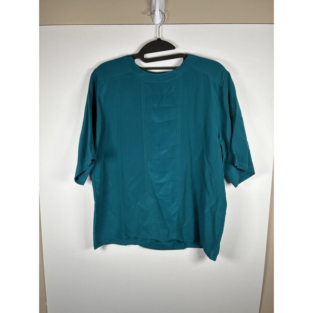 Vtg Silk Land 100% Pure Silk Medium Teal Pintuck Short Sleeve Top 80s Work Wear